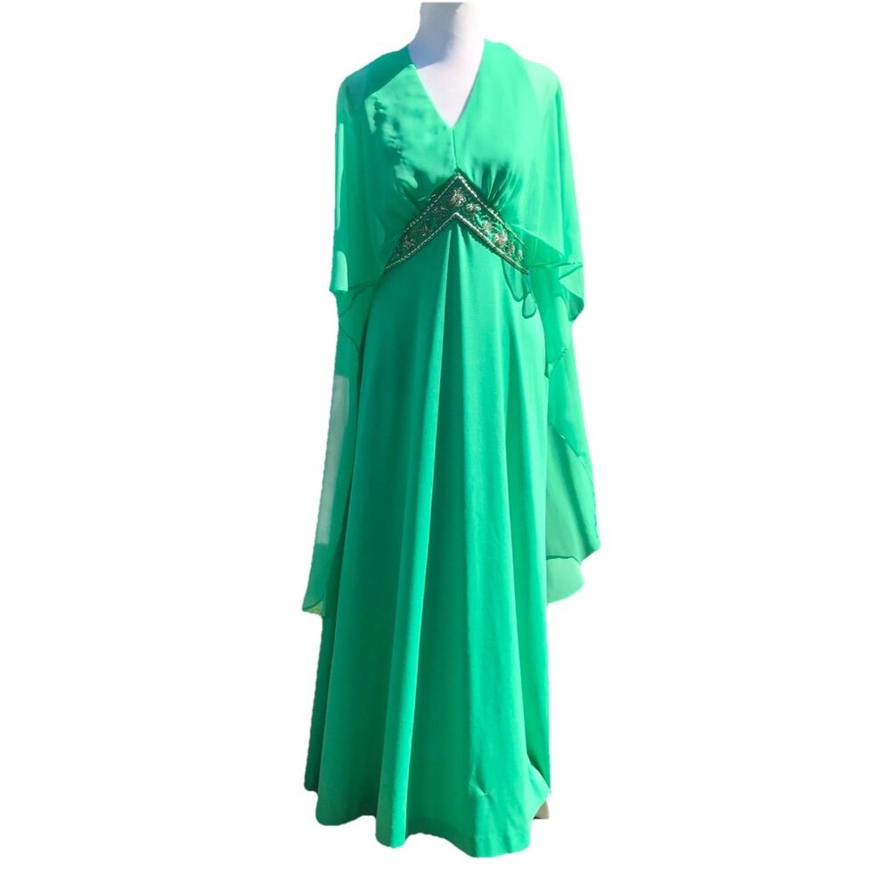 Vtg 60s 70s Women S Green Evening Gown Prom Dress Mod Sequins Flowing Boho Disco